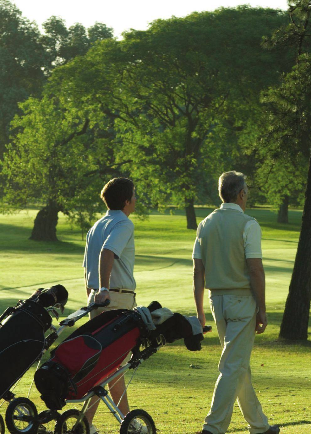 Golfers walking a tree-lined Oakville fairway