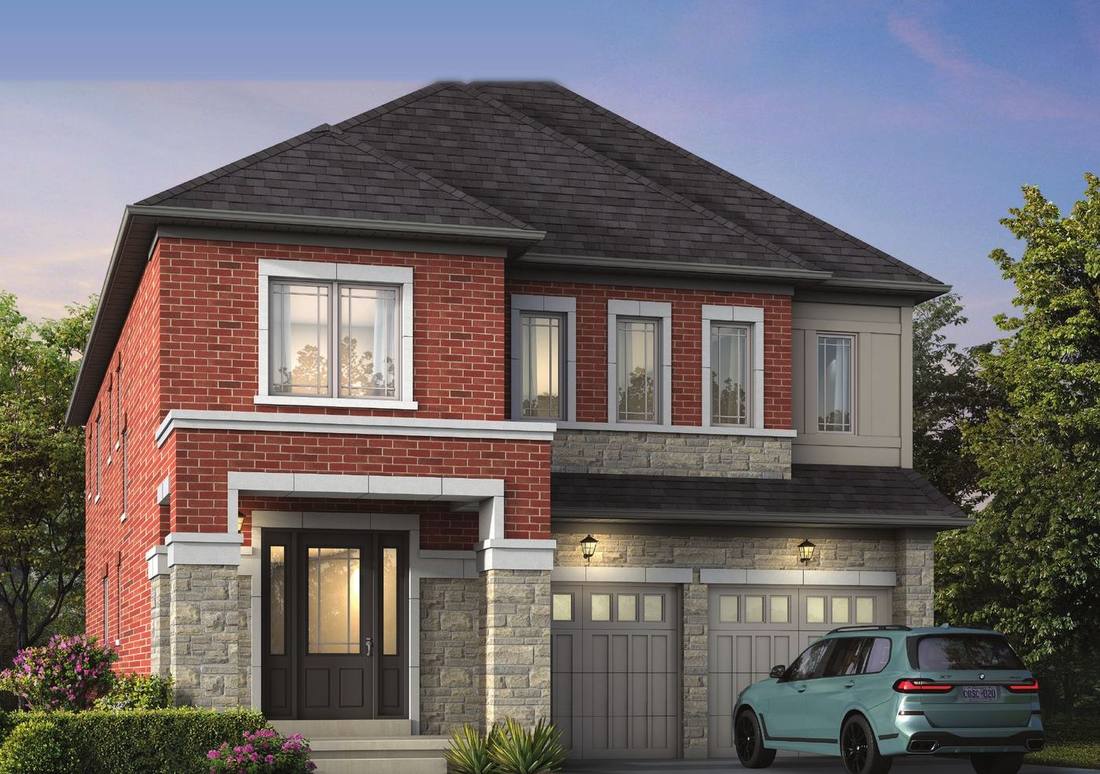 Brick and stone detached home rendering at dusk